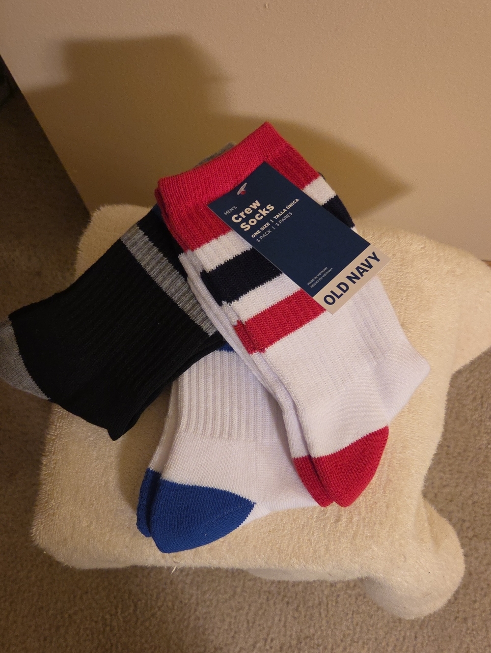 Old Navy Men's Athletic Crew Socks in White, Black, Red & Blue (3-Pack)